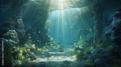 Underwater cave with columns and rock. Soft focus. Generative AI