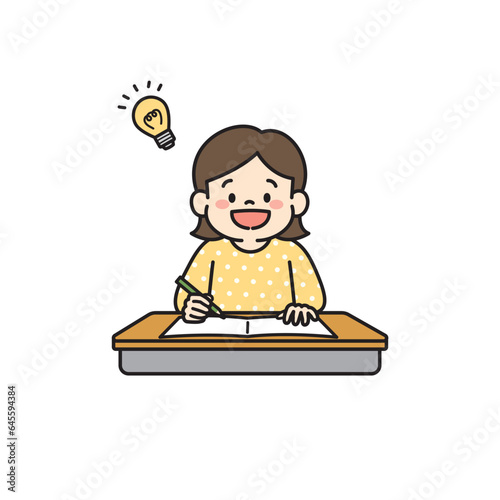 机の上で勉強をする女の子のイラスト　ひらめき　電球