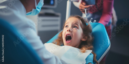 Young girl sits with her mouth open in the dentist s office while the doctor examines her teeth