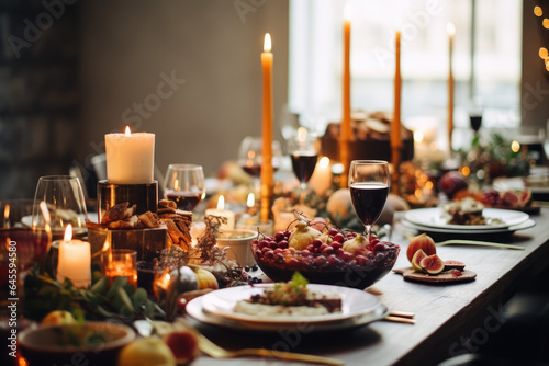 Festive holiday feast captured through analog editorial photography, with a beautifully set dining table adorned with candles, holly, and delicious Christmas dinner