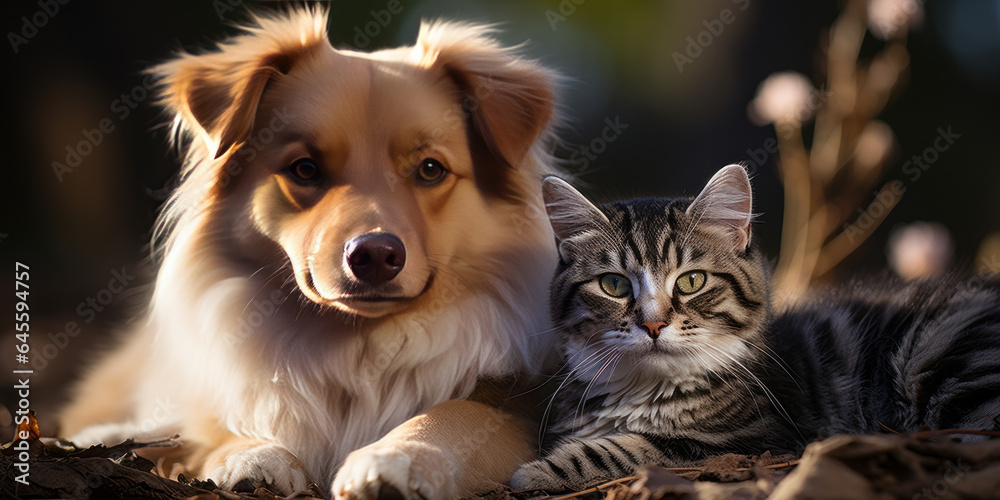 a kitten on a baby golden retriever, happy and charming and warming house.