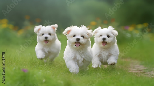 White fluffy cheerful happy pretty puppies of Maltese Generative Ai