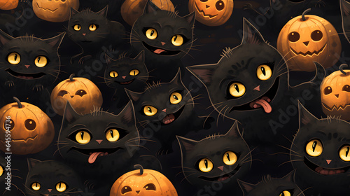 Pattren background of Cartoon Mischievous black cats in different poses: playing with a ball of ghostly yarn, wearing oversized monster masks, or taking a nap inside a pumpkin