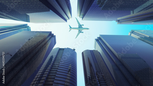 Modern financial buildings with flying aeroplane