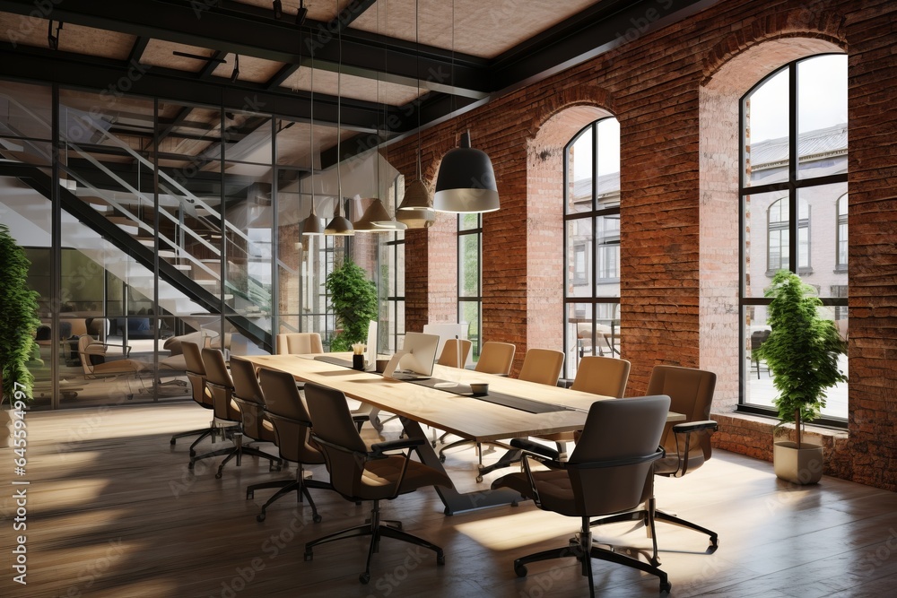 Modern office Interior with old vintage brick Wall. Art work business space