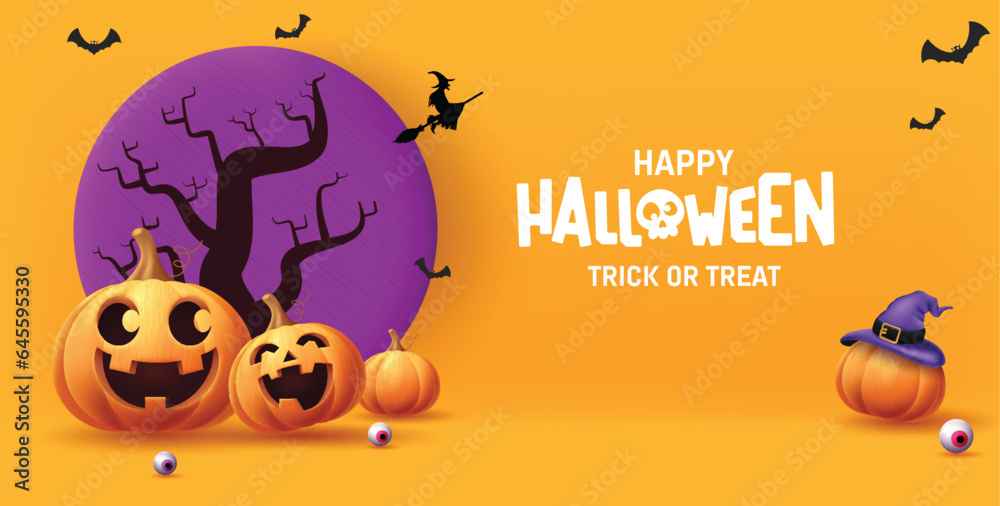 Happy halloween text vector design. Halloween trick or treat invitation card with cute pumpkins character elements. Vector illustration horror party card background.

