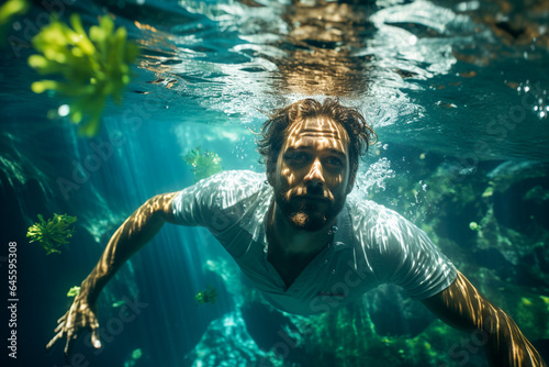 Very attractive man swimming under water