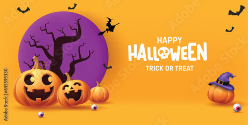 Happy halloween text vector design. Halloween trick or treat invitation card with cute pumpkins character elements. Vector illustration horror party card background.
