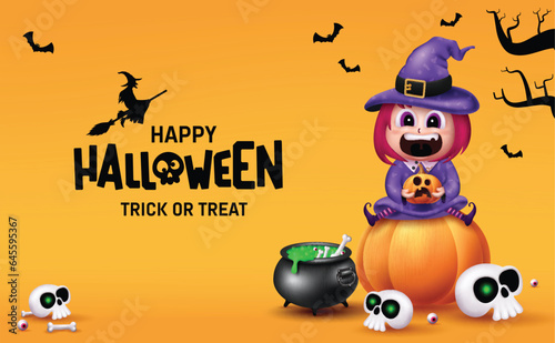 Halloween witch character vector design. Happy halloween and trick or treat text in orange space with cute girl character in witch costume seating in pumpkin elements. Vector illustration greeting 