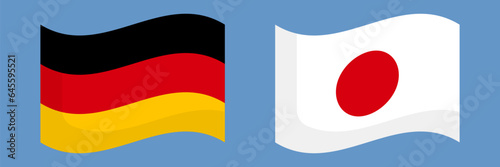 Fluttering German flag and Japanese flag icon set. Vector.