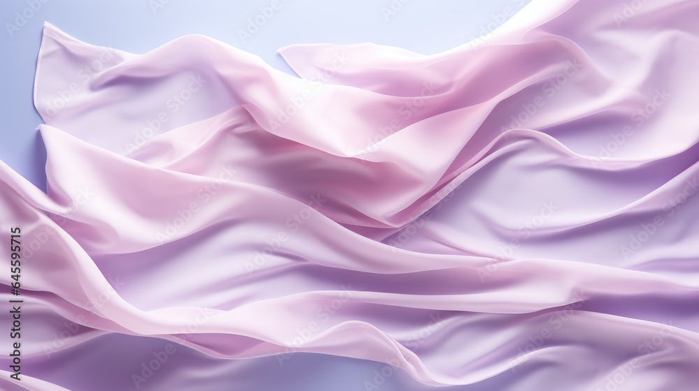Fototapeta premium Beautiful silk pastel purple violet white cloth floating flying in the air. Mock up template for product presentation. 3D rendering