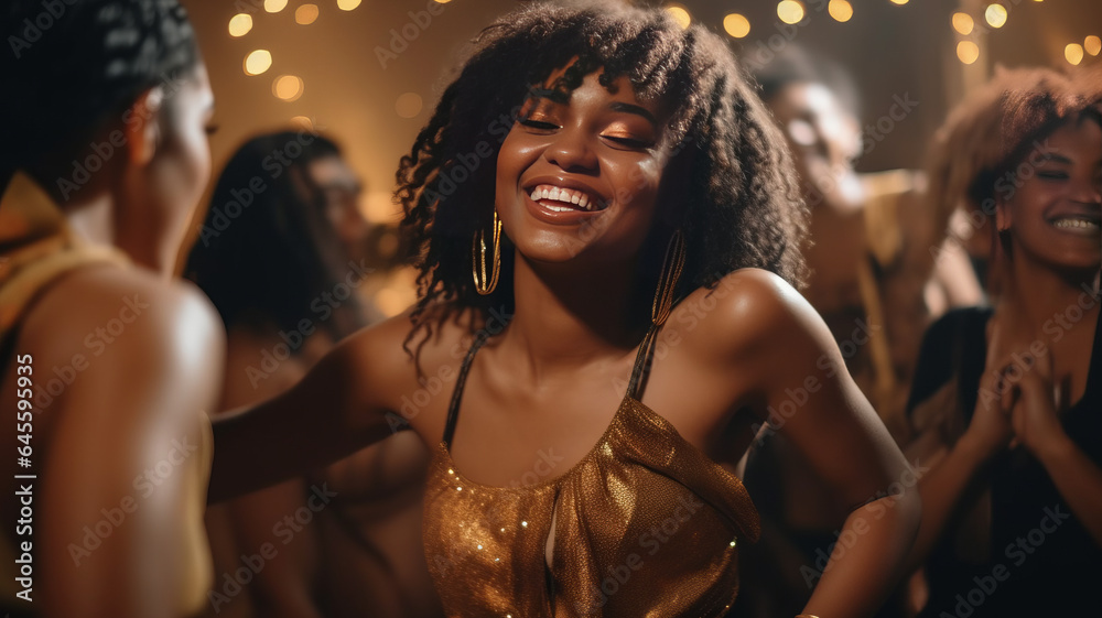 Beautiful african woman dancing at gala event. Female in evening dress enjoying dancing at party with friends around.generative ai Beautiful african woman dancing at gala event. Female in evening dress enjoying dancing at party with friends around.generative ai