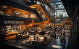 Industry 4.0 smart factory interior showcases advanced automation, machinery, and robotics in a futuristic industrial setting. Innovation, engineering, and interconnected systems.