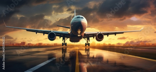 airplane landing at sunset
