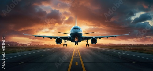 airplane landing at sunset