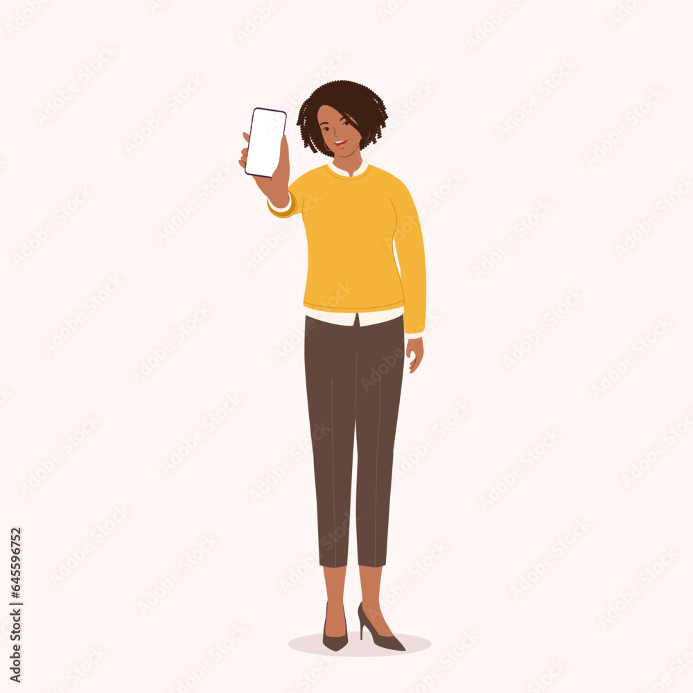 One Smiling Black Businesswoman Showing Her Mobile Phone With Blank Empty Screen. Full Length. One Smiling Black Businesswoman Showing Her Mobile Phone With Blank Empty Screen. Full Length.