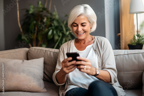 Happy mature woman holding smartphone apps texting typing messages sitting on couch at home. Relaxed senior woman holding smartphone looking at cellphone screen browsing social media at home © AspctStyle