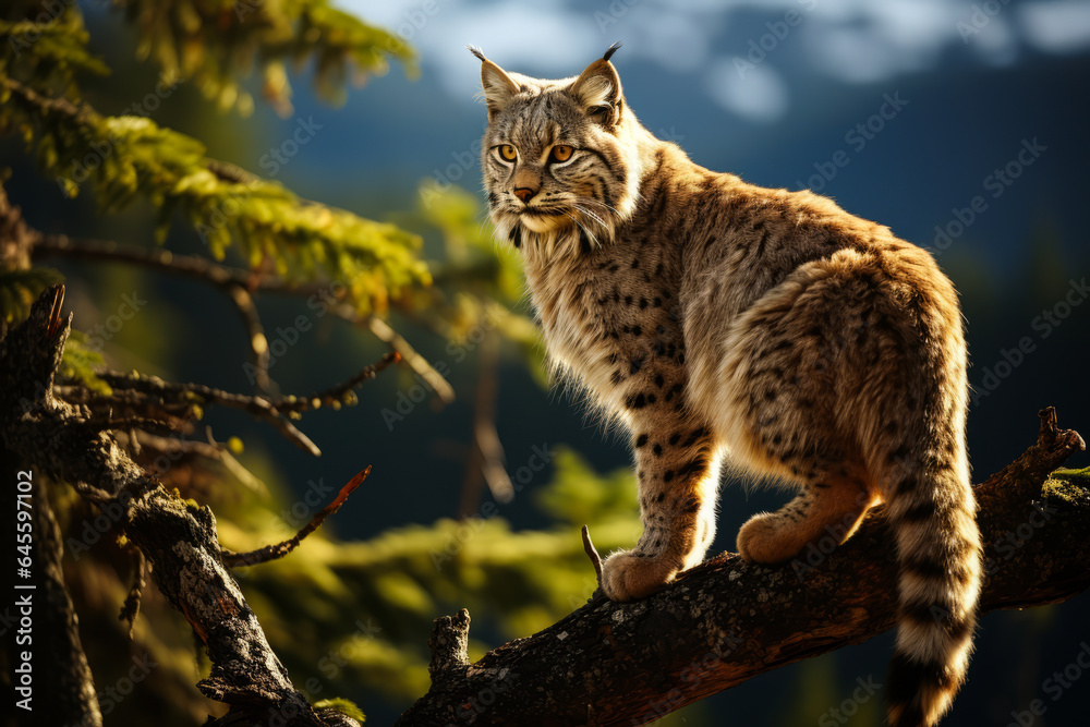 Captivating lynx alertly perched on a tree branch in Jura Mountains, eyes keenly focused on potential prey. Exudes stealth, agility and stunning wilderness. Captivating lynx alertly perched on a tree branch in Jura Mountains, eyes keenly focused on potential prey. Exudes stealth, agility and stunning wilderness.