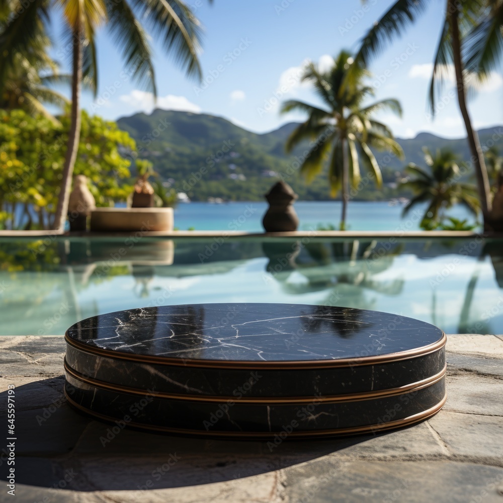 Empty black marble podium on table over blurred tropical beach background