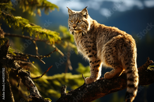 Captivating lynx alertly perched on a tree branch in Jura Mountains, eyes keenly focused on potential prey. Exudes stealth, agility and stunning wilderness.