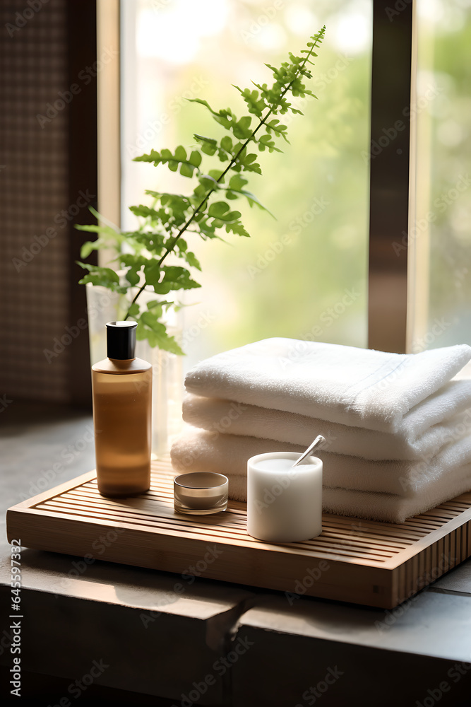 Ceramic soap, shampoo bottles and white cotton towels with green plant on a tray on a table, in the style of lush scenery,