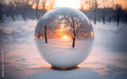 Beautiful snow fall in sunset scene in transparency ball, AI generated © athapet