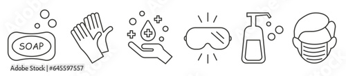 Personal hygiene. Hand washing simple vector line icon set. Instructions on what to use for personal hygiene.