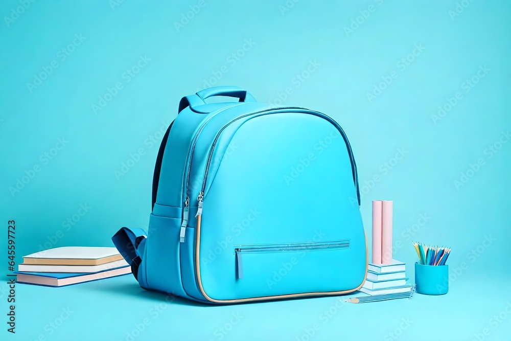 Obraz premium school supplies with a blue bag on a blue background, back to school concept
