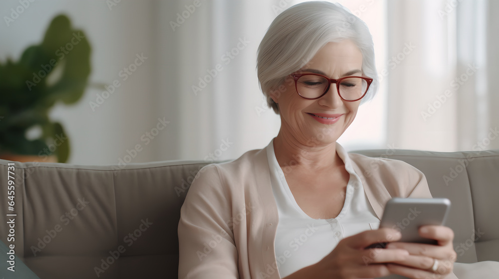 Relaxed senior woman holding smartphone looking at cellphone screen browsing social media at home. Happy mature woman holding smartphone apps texting typing messages sitting on couch at home Relaxed senior woman holding smartphone looking at cellphone screen browsing social media at home. Happy mature woman holding smartphone apps texting typing messages sitting on couch at home