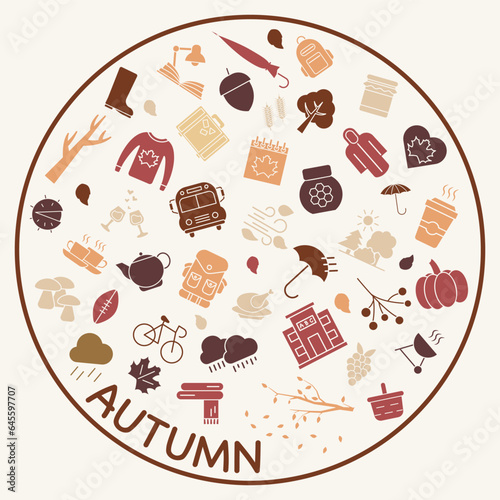 Autumn bright icons. Set of autumn color icons. Autumn time. Set of autumn icons. Vector illustration.