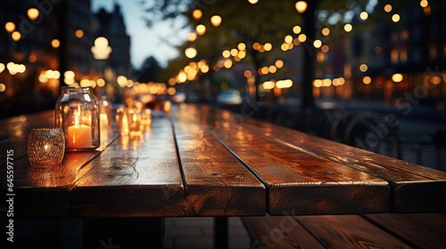 Empty wooden table and bokeh lights blurred outdoor cafe background. High quality photo
