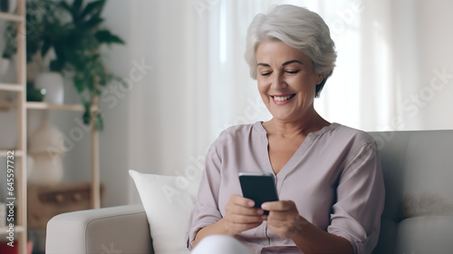 Happy mature woman holding smartphone apps texting typing messages sitting on couch at home. Relaxed senior woman holding smartphone looking at cellphone screen browsing social media at home
