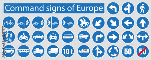 Mandatory road signs of Europe. Road signs. Road behavior.