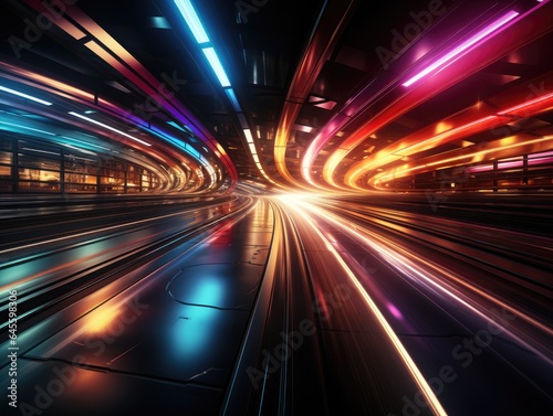 Long exposure of speeding car with light trails and blurred lights