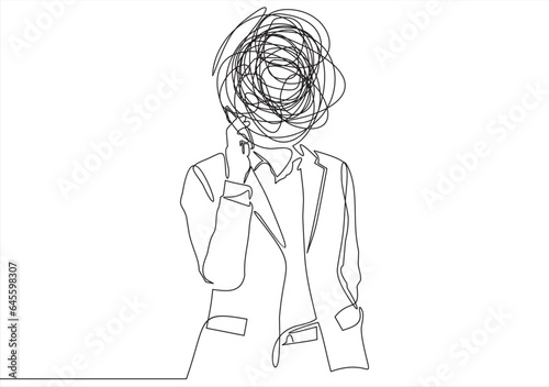 Continuous one line drawing of man head with messy thoughts worried about bad mental health. Problems, stress, headache and grief concept in doodle style. Linear Vector illustration