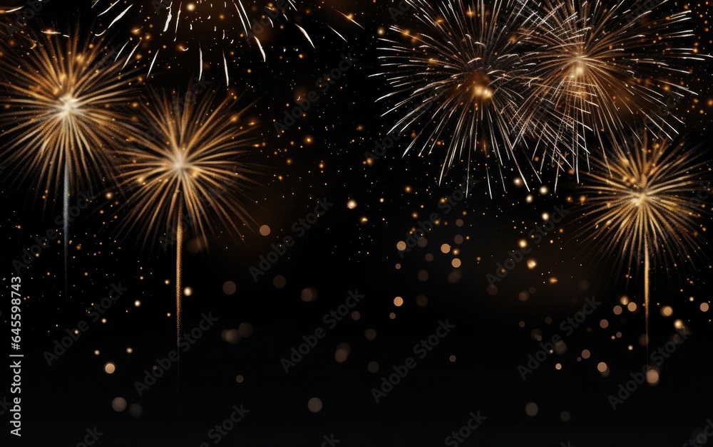 Happy New Year holiday Greeting Card banner - Golden year, glitter stripes and firework fireworks pyrotechnics on black night texture background Happy New Year holiday Greeting Card banner - Golden year, glitter stripes and firework fireworks pyrotechnics on black night texture background