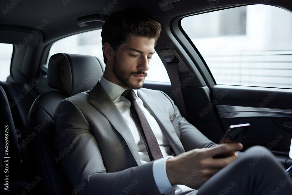 Handsome businessman sitting in luxury car and texting with client on phone, Young attractive businessman in formal using smartphone while sitting on back seat of business car