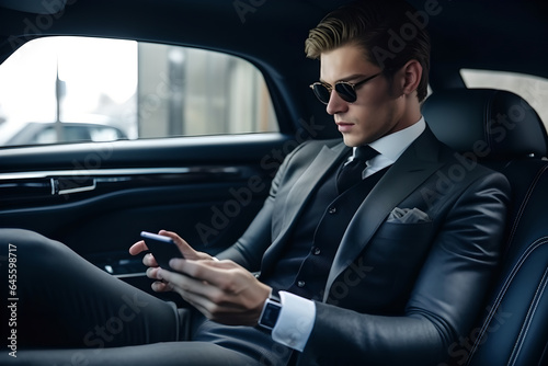 Foto Handsome businessman sitting in luxury car and texting with client on phone, You