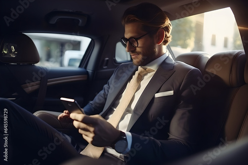 Handsome businessman sitting in luxury car and texting with client on phone, Young attractive businessman in formal using smartphone while sitting on back seat of business car © AspctStyle