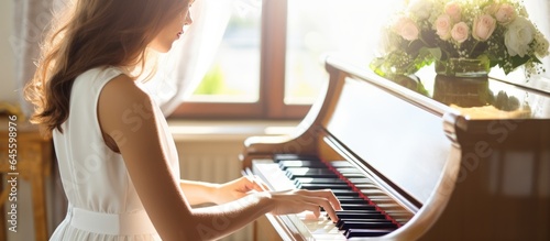 Young woman pianist hands playing piano in domestic home setting Music band repetition online. Having fun while staying at home.