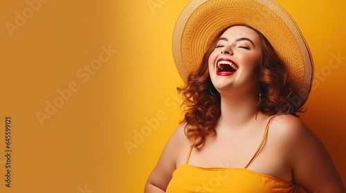 Portrait of happy beautiful plus size woman on yellow background. Copy space, ai generative