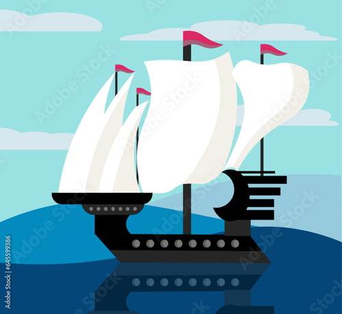 Cartoon frigate ship sailing in sea waters