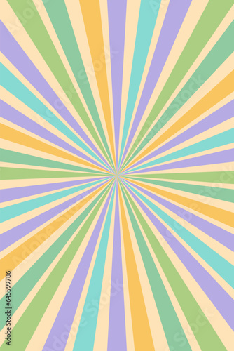 Retro background of sunbeams. Groove poster radial color rays explosion. Vector backdrop.