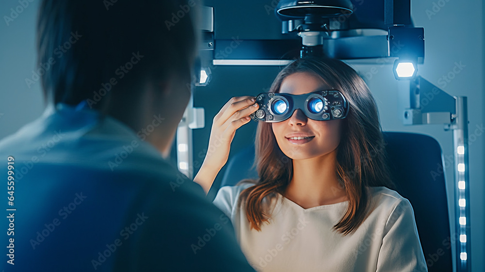 photography, cinematic atmosphere, woman getting an eyetest exam in a high tech exam room. photography, cinematic atmosphere, woman getting an eyetest exam in a high tech exam room.