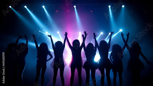 Team. A crowd of people in silhouette raises their hands on dancefloor on Concert light background.