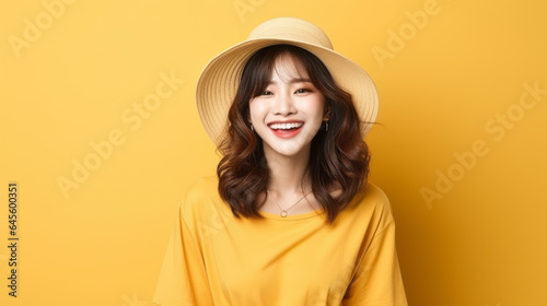 smiling cheerful attractive adult woman casual cloth studio shot on yellow colour wall background,ai generate