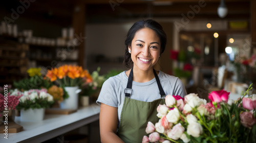 young adult woman sales flowers in flower shop. Happy smiling mature florist woman having eyeglasses and working at flower shop,ai generate © VERTEX SPACE