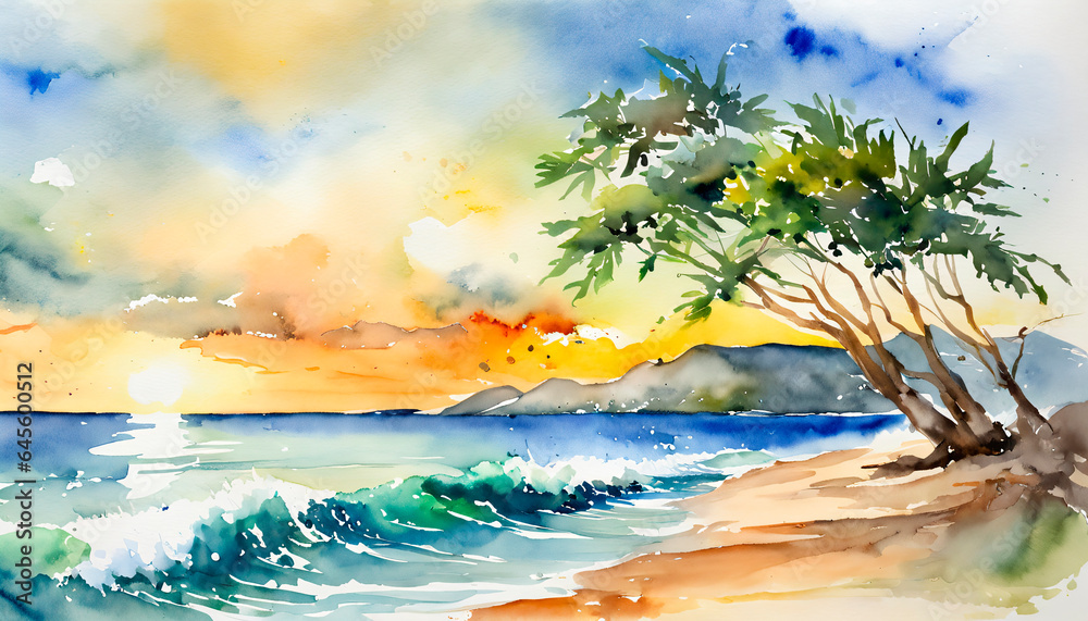 南の島のビーチと夕焼けに染まる空の水彩画。
画像生成AI。

