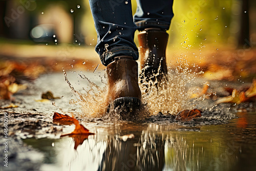 Close-up of legs of person in wellington boots splashing in rain puddles