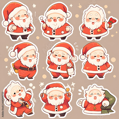 Collection of Santa Claus character stickers, on white background, Chibi cute style.